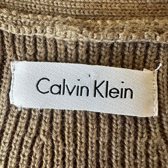 Calvin Klein Tan Cable Knit‎ V Neck Dress Flouncy Sleeves Sz P/S Sweater Dress - Picture 3 of 6
